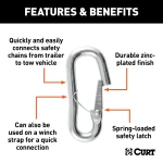 CURT snap hook with spring-loaded latch, zinc-plated finish, for secure trailer chain connection