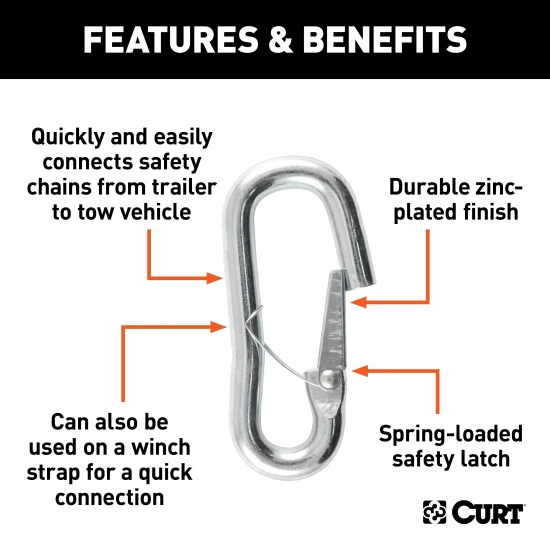 CURT snap hook with spring-loaded latch, zinc-plated finish, for secure trailer chain connection