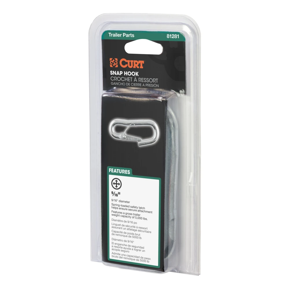 CURT snap hook with spring-loaded latch, zinc-plated finish, for secure trailer chain connection