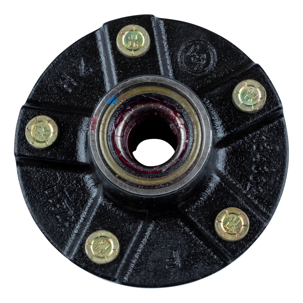 Lippert Idler Hub Assembly for 2,200 lb trailer axles with 5 on 4.5” bolt pattern, solid iron, including bearings and seal.