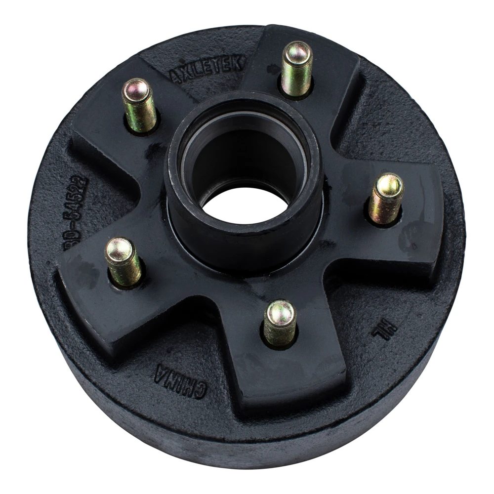 Genuine Lippert brake hub for 2200 lb trailer axles with a 5 on 4.5 inch bolt pattern, includes bearing kit and 1-year warranty.
