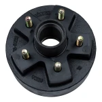 Genuine Lippert brake hub for 2200 lb trailer axles with a 5 on 4.5 inch bolt pattern, includes bearing kit and 1-year warranty.