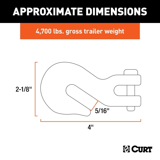 CURT clevis hook, 5/16 inch, 4700 lbs weight capacity, zinc finish, safety chains.