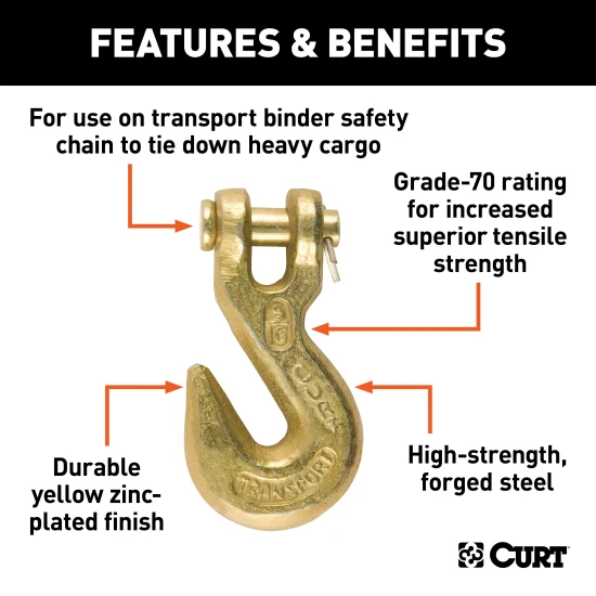 CURT clevis hook, 5/16 inch, 4700 lbs weight capacity, zinc finish, safety chains.