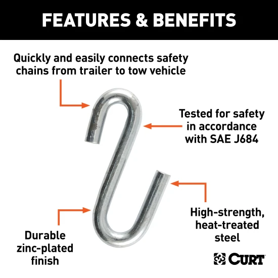 CURT Certified Zinc-Plated S-Hook for Towing Safety Chains CURT S-hook with zinc-plated finish for towing safety, 3,500 lbs capacity
