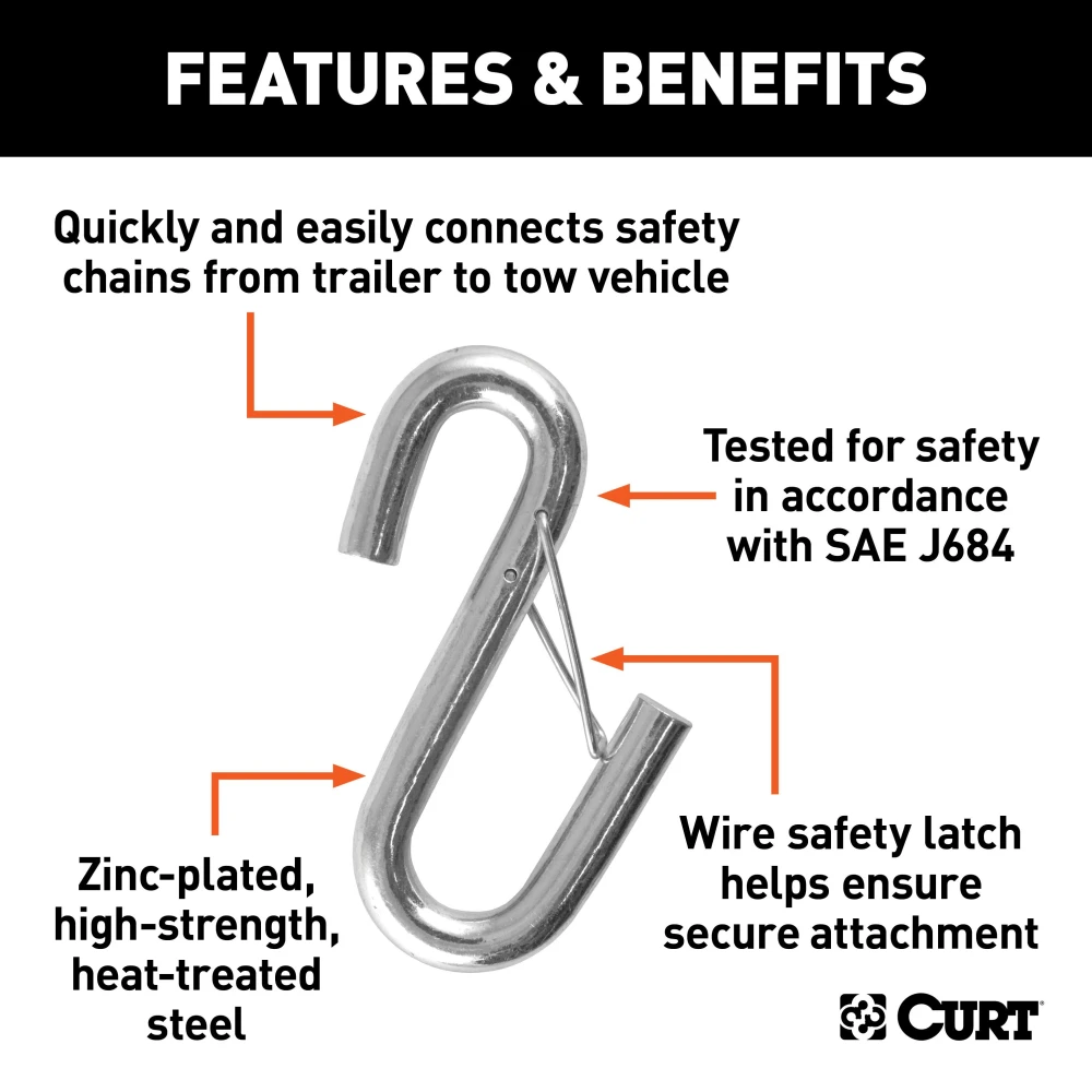 CURT certified S-hook for towing safety with a zinc-plated finish and safety latch