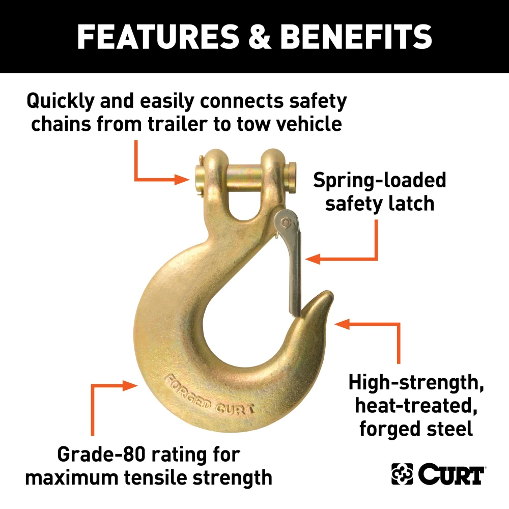CURT heavy-duty clevis hook with 65,000 lbs weight capacity and durable zinc plating.
