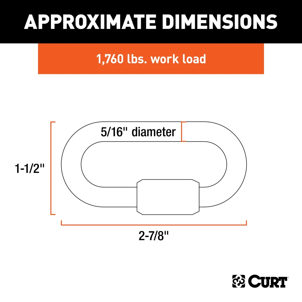CURT quick links in zinc-plated steel with a 1760 lbs load capacity for secure and versatile connections.