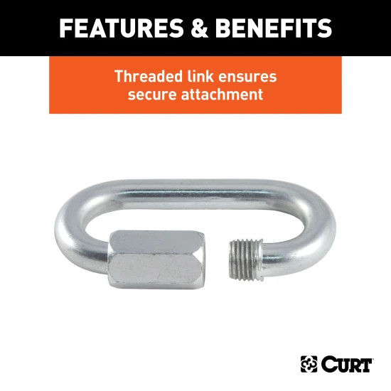 CURT quick links in zinc-plated steel with a 1760 lbs load capacity for secure and versatile connections.