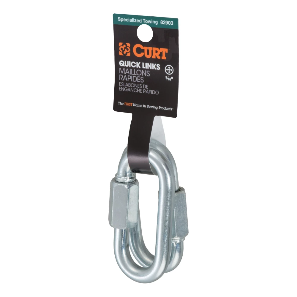 CURT quick links in zinc-plated steel with a 1760 lbs load capacity for secure and versatile connections.