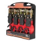 CURT ratchet tie down straps, 16 feet long, red, with rubber-coated S-hooks for cargo security