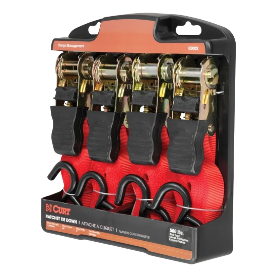 CURT ratchet tie down straps, 16 feet long, red, with rubber-coated S-hooks for cargo security
