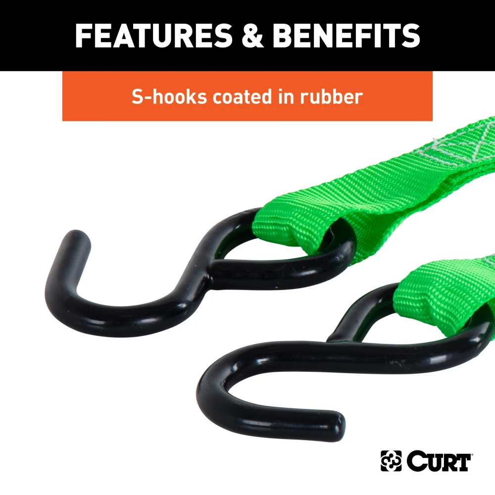 CURT dark green 15-foot cambuckle cargo straps with rubber-coated S-hooks