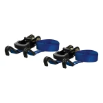 Two blue CURT cargo straps, 16 feet long, with ratchet and rubber-coated J-hooks