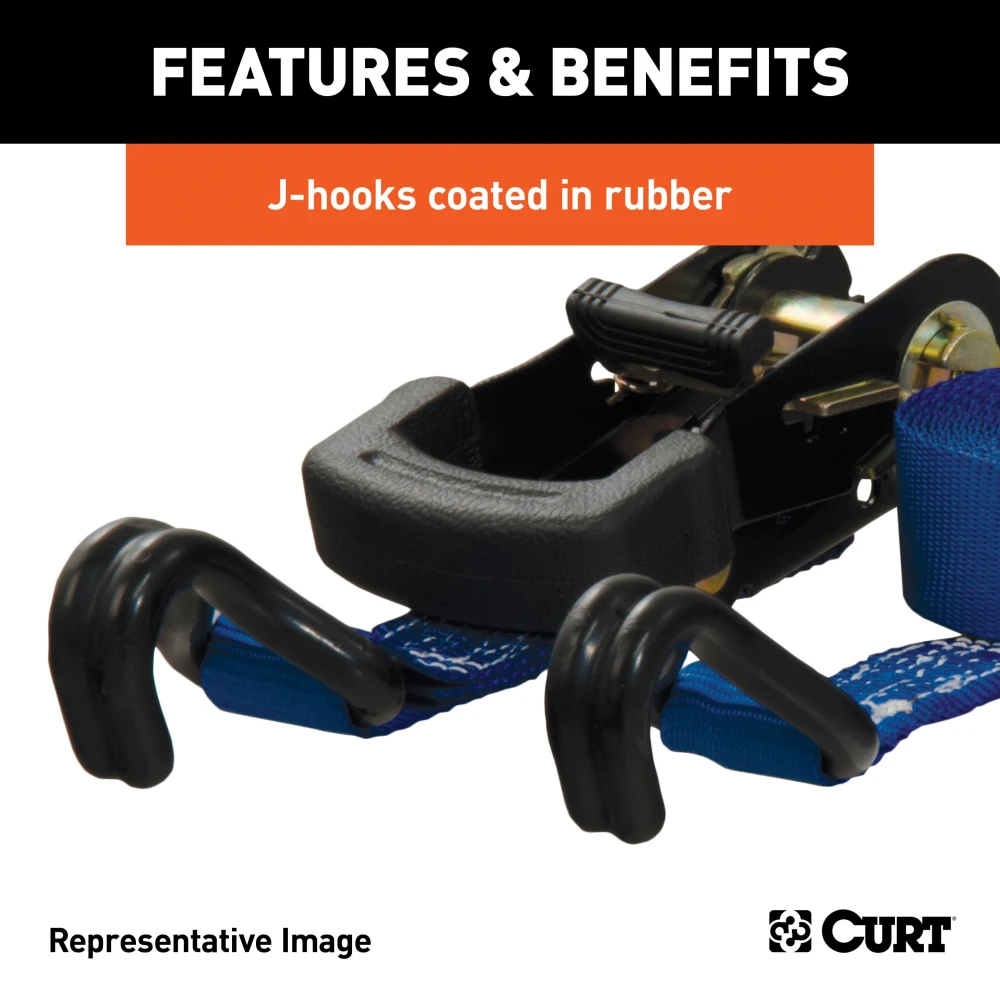 Two blue CURT cargo straps, 16 feet long, with ratchet and rubber-coated J-hooks
