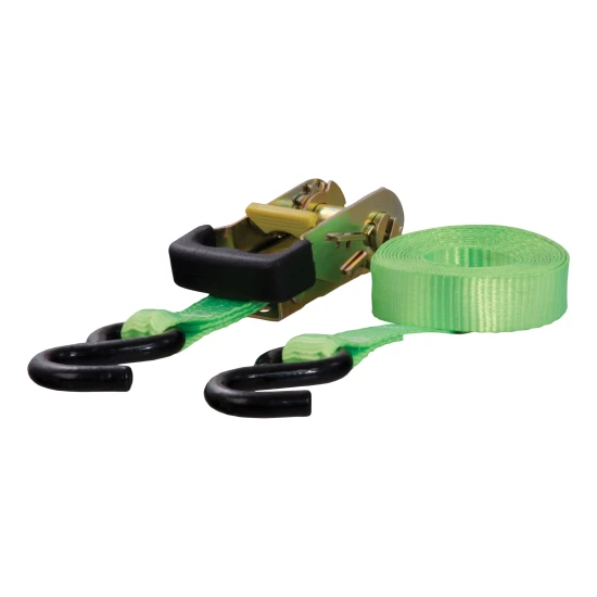 Lime green CURT ratchet tie down strap with rubber-coated S-hooks for securing cargo