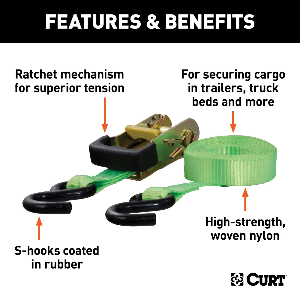 Lime green CURT ratchet tie down strap with rubber-coated S-hooks for securing cargo