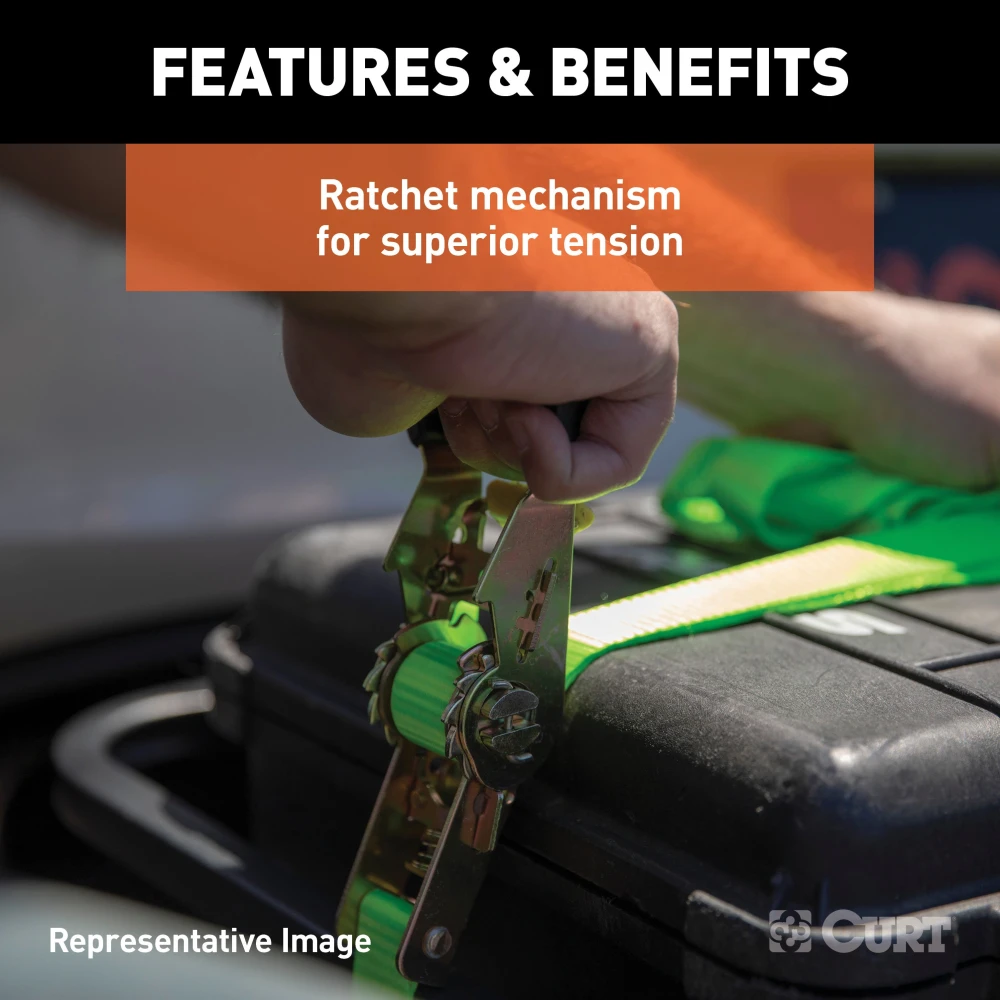 Lime green CURT ratchet tie down strap with rubber-coated S-hooks for securing cargo