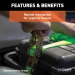Lime green CURT ratchet tie down strap with rubber-coated S-hooks for securing cargo