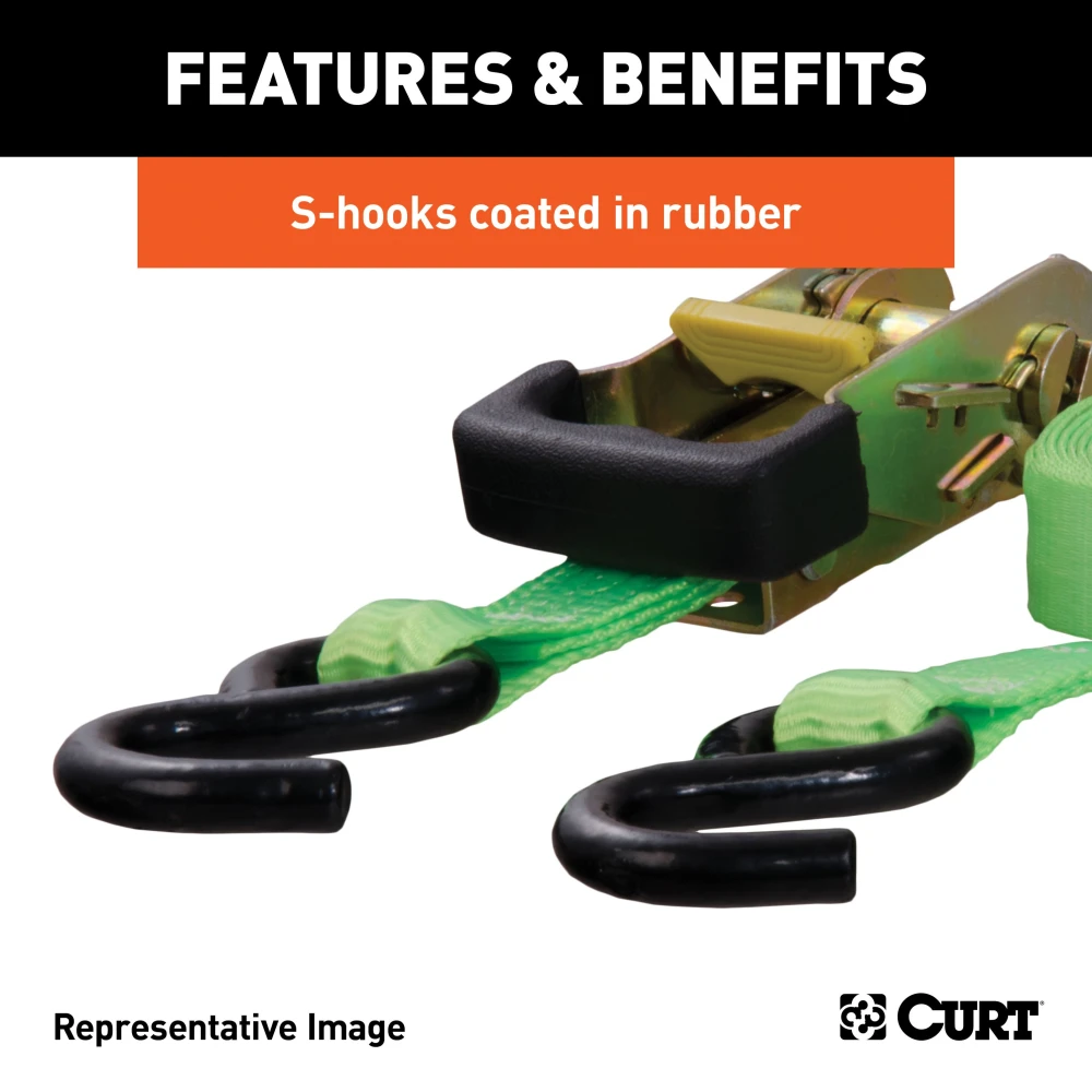 Lime green CURT ratchet tie down strap with rubber-coated S-hooks for securing cargo