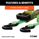 Lime green CURT ratchet tie down strap with rubber-coated S-hooks for securing cargo