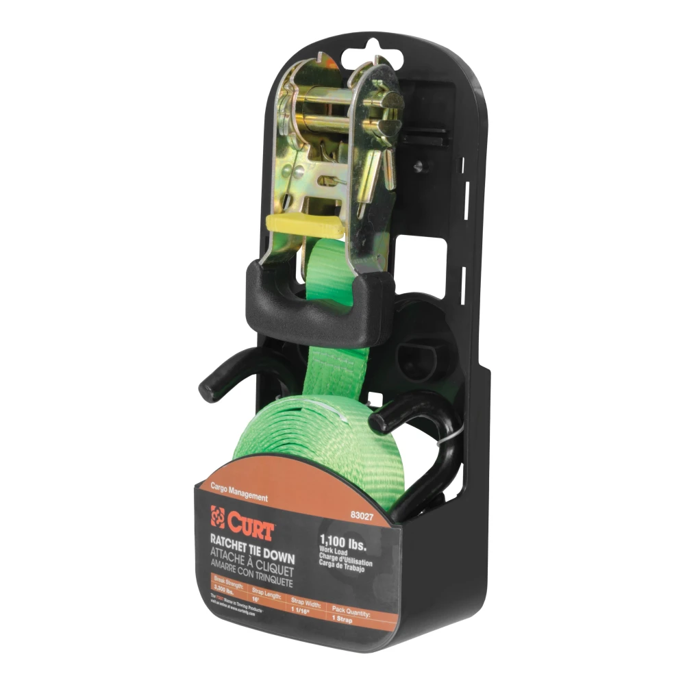 Lime green CURT ratchet tie down strap with rubber-coated S-hooks for securing cargo