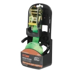 Lime green CURT ratchet tie down strap with rubber-coated S-hooks for securing cargo