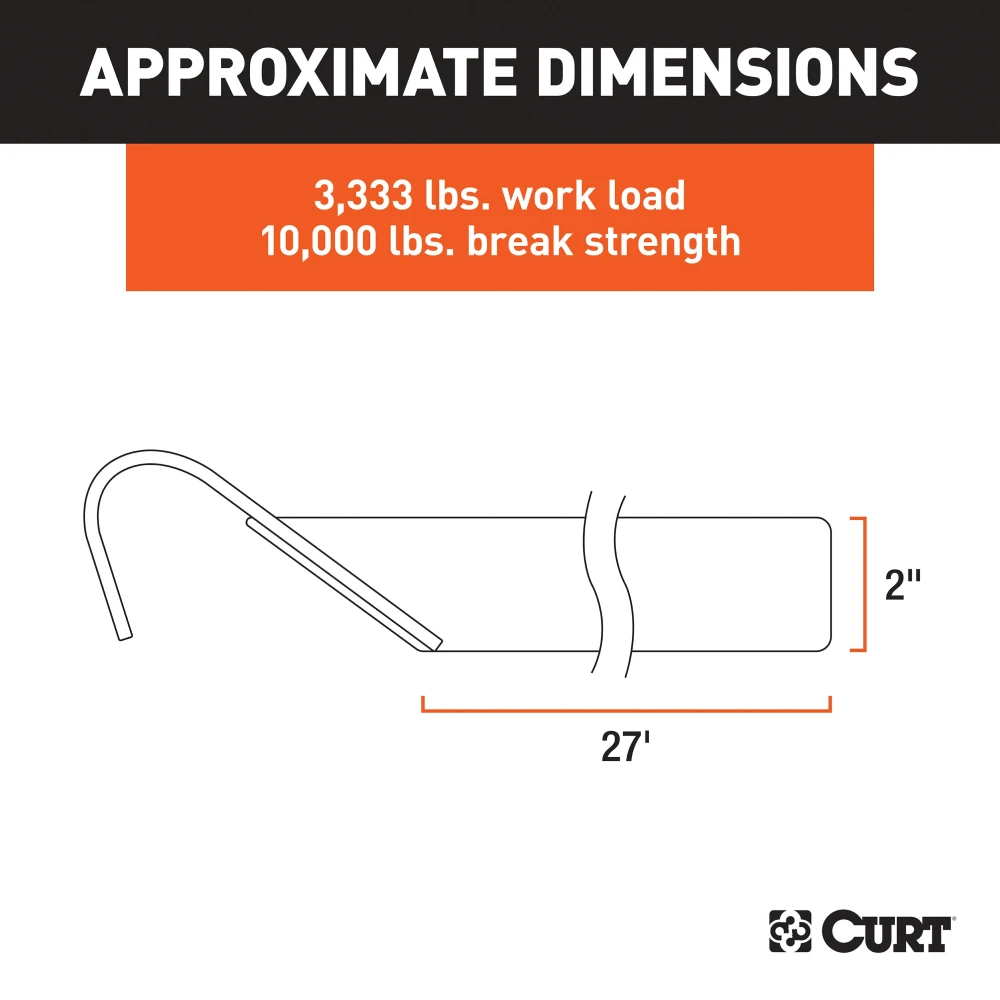 CURT yellow cargo strap with flat hooks, 27 feet long, ideal for securing heavy loads with a break strength of 10,000 lbs.