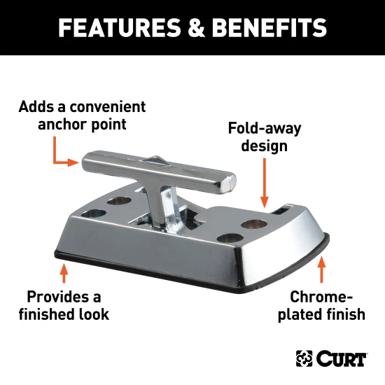 Chrome-plated fold-away rope hook tiedown anchor for secure cargo management