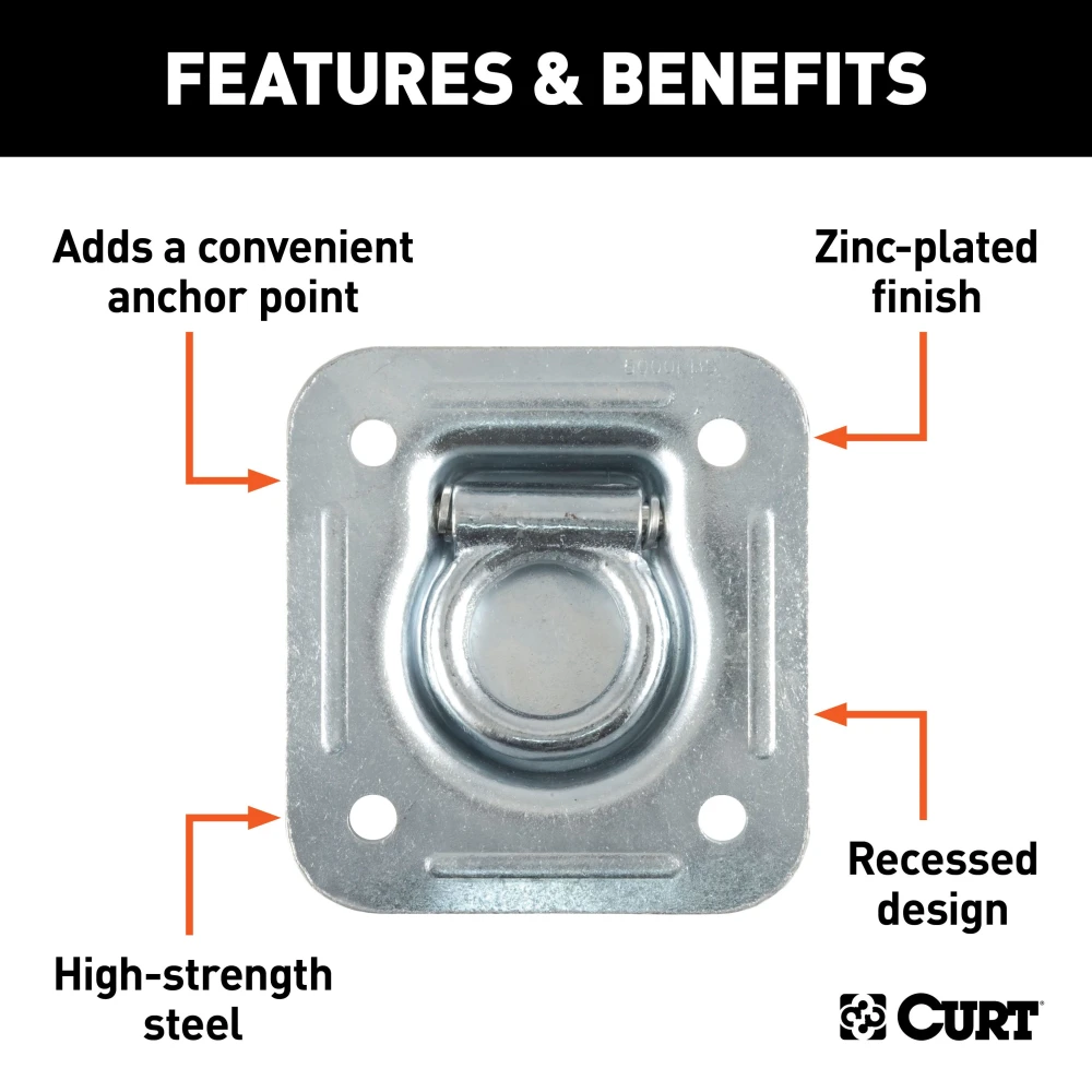 CURT recessed floor wall tiedown anchor with zinc-plated steel construction, ideal for securing cargo in trucks and trailers.