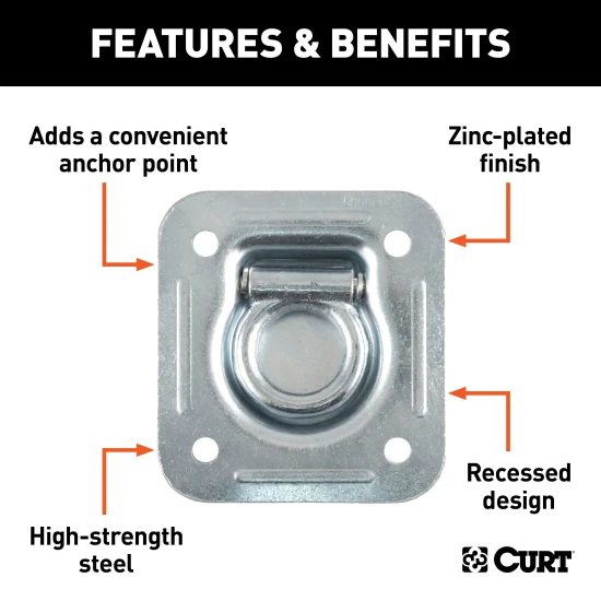 CURT recessed floor wall tiedown anchor with zinc-plated steel construction, ideal for securing cargo in trucks and trailers.
