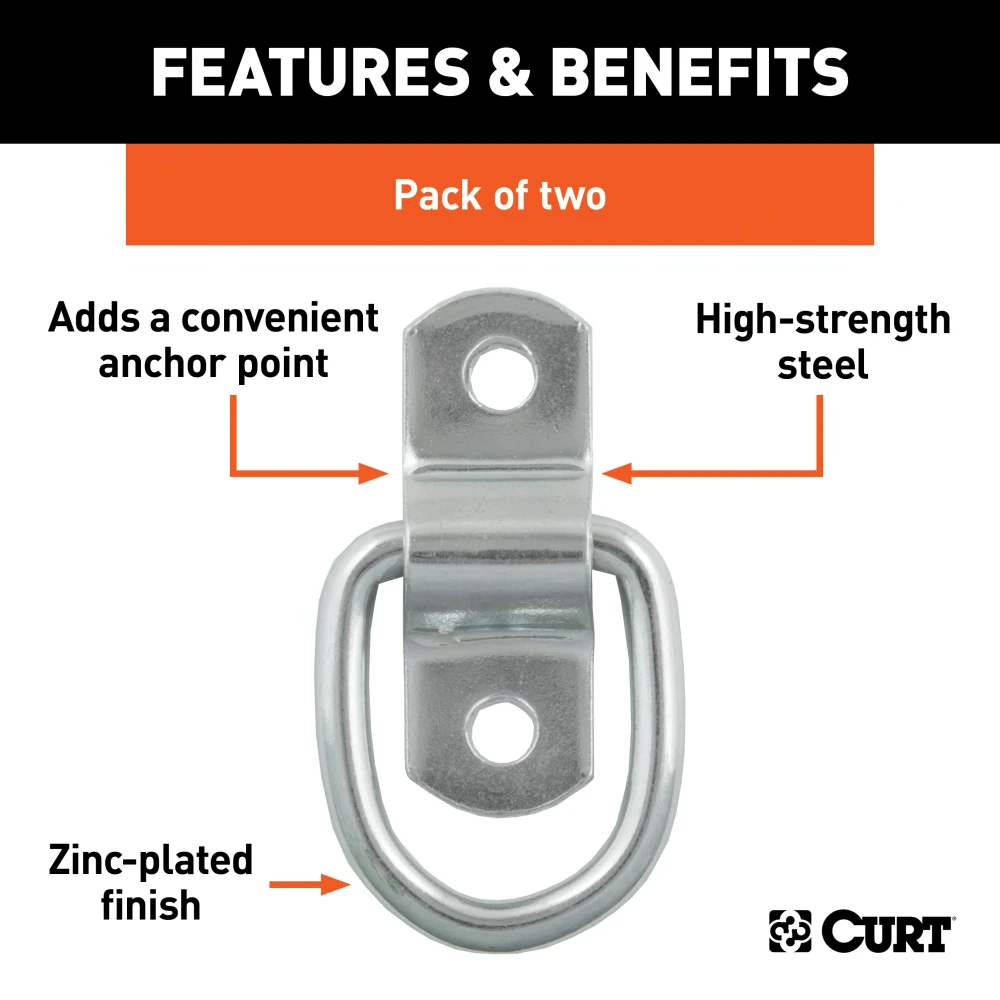 CURT D-ring tiedown anchors for secure cargo in trailers, trucks, and vans with zinc-plated steel construction