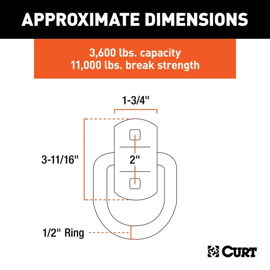 CURT D-ring tiedown anchor in forged steel with 3,600 lbs load capacity for cargo security.