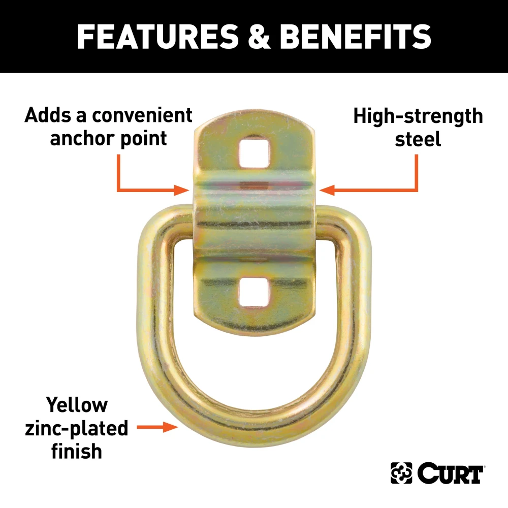 CURT D-ring tiedown anchor in forged steel with 3,600 lbs load capacity for cargo security.
