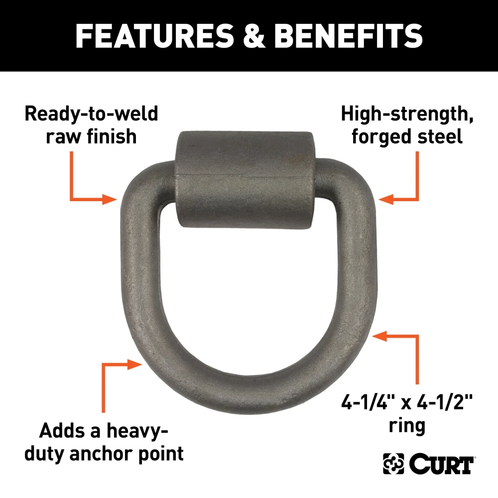 CURT D-Ring Tiedown Anchor - Heavy Duty Weld-On for Cargo Security CURT D-ring tiedown anchor for secure cargo, steel construction, 6,100 lbs. capacity