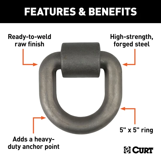 CURT D-ring tiedown anchor with a forged steel construction and 15,587 lbs. load capacity for securing cargo.