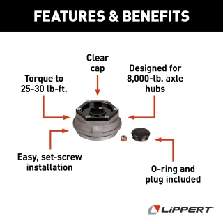 Replacement oil and dust cap for Lippert 8000-lb axle assemblies with easy installation.