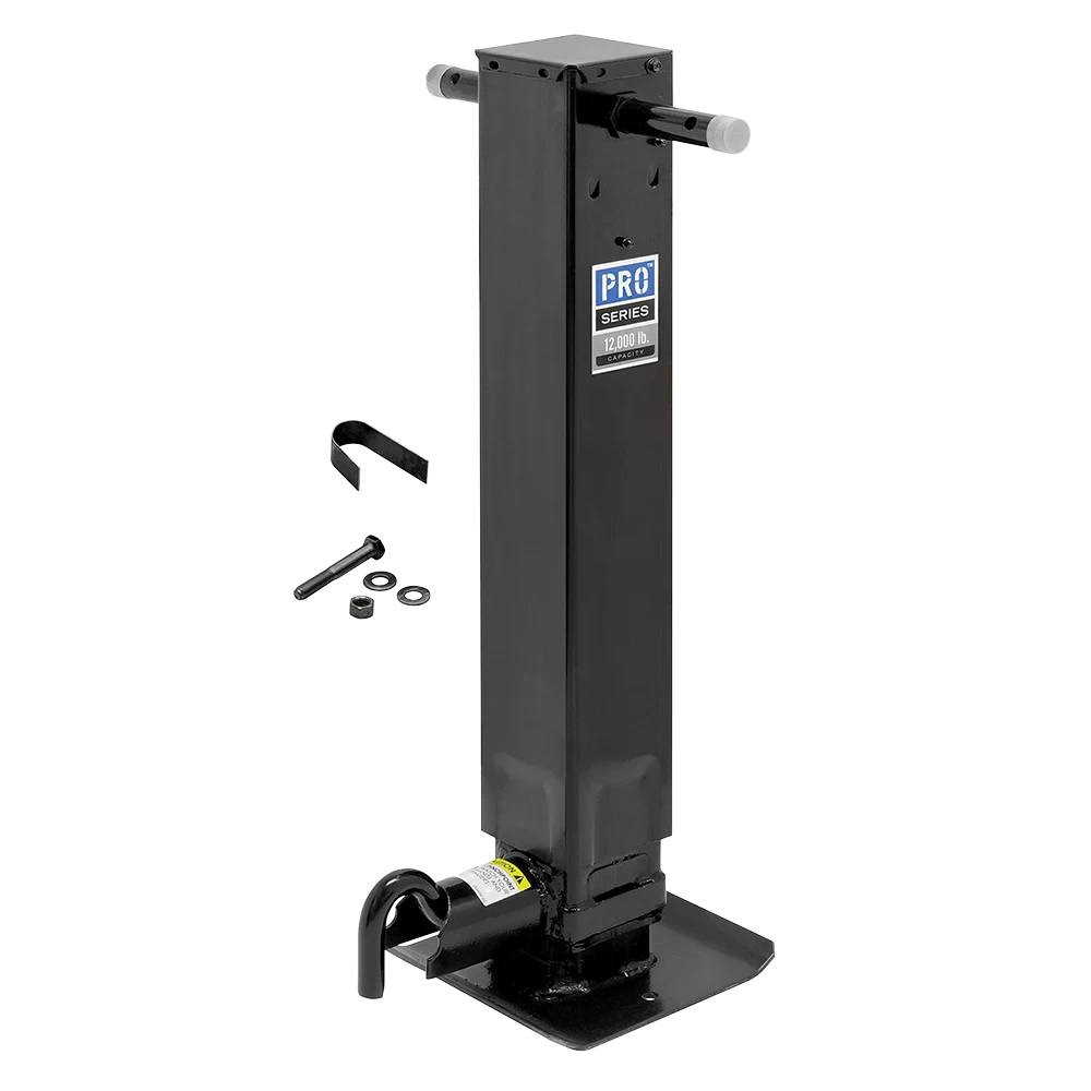 Pro Series 24K Electric Leveling Dual Motor Landing Gear Set Dual Single Speed Trailer Jacks Spring Return Drop Legs Side Plunger Pins w/ 2 Manual Override Cranks, Tandem Twin Bulldog Electric Powered-Drive Motors
