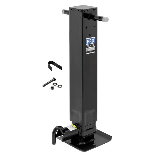 Pro Series 24K Electric Landing Gear Set Dual Single Speed Trailer Jacks Spring Return Drop Legs Side Plunger Pins with 2 Manual Override Cranks Bulldog Electric Motor Powered-Drive Kit Cross Shaft Tube with Slotted Ends and Hardware