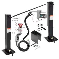 Pro Series 24K Electric Landing Gear Set Dual Single Speed Trailer Jacks Spring Return Drop Legs Side Plunger Pins w/ 2 Manual Override Cranks, Bulldog Electric Motor Powered-Drive Kit, Cross Shaft Tube w/ Slotted Ends and Hardware