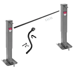 Bulldog 24K Landing Gear Set Dual Single Speed Trailer Jacks Non Spring Return Drop Legs Curbside and Roadside Facing Plunger Pins w/ Manual Override Crank, Cross Shaft Tube w/ Slotted Ends and Hardware