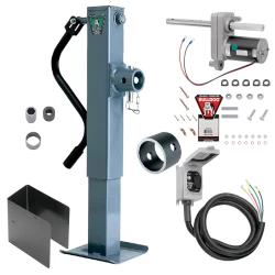 Bulldog Single Speed 12K Trailer Jack Fixed Leg Tubular Swivel Mount w/ Manual Override Crank, Mating Female Tube Mount, Bulldog Electric Motor Powered-Drive Kit