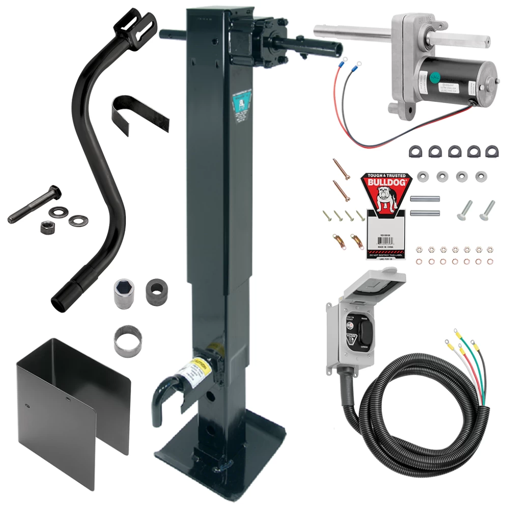 Bulldog 2 Speed 12K Trailer Jack Planetary Gearbox Spring Return Drop Leg Front Plunger Pin Bulldog Electric Motor Powered-Drive Kit Manual Override Crank