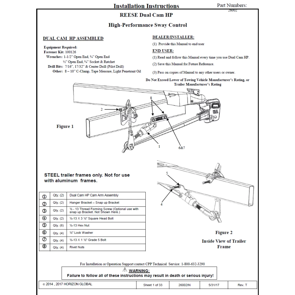 26002 Reese Dual Cam HP Weight Distribution Trailer Hitch Sway Control Active Reese Dual Cam Sway Control for Weight Distribution Hitch Steel Spring Bars Round or Trunnion High Performance