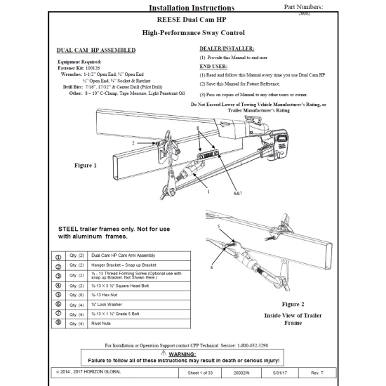 26002 Reese Dual Cam HP Weight Distribution Trailer Hitch Sway Control Active Reese Dual Cam Sway Control for Weight Distribution Hitch Steel Spring Bars Round or Trunnion High Performance