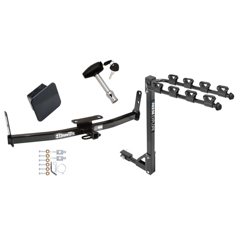 Trailer Tow Hitch w/ 4 Bike Rack For 05-17 Chevy Equinox 10-17 GMC Terrain 06-09 Torrent 02-07 Saturn Vue tilt away adult or child arms fold down carrier w/ Lock and Cover