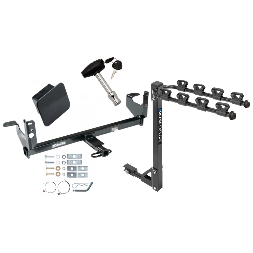 Trailer Tow Hitch w/ 4 Bike Rack For 08-12 Chevy Malibu 07-09 Saturn Aura tilt away adult or child arms fold down carrier w/ Lock and Cover