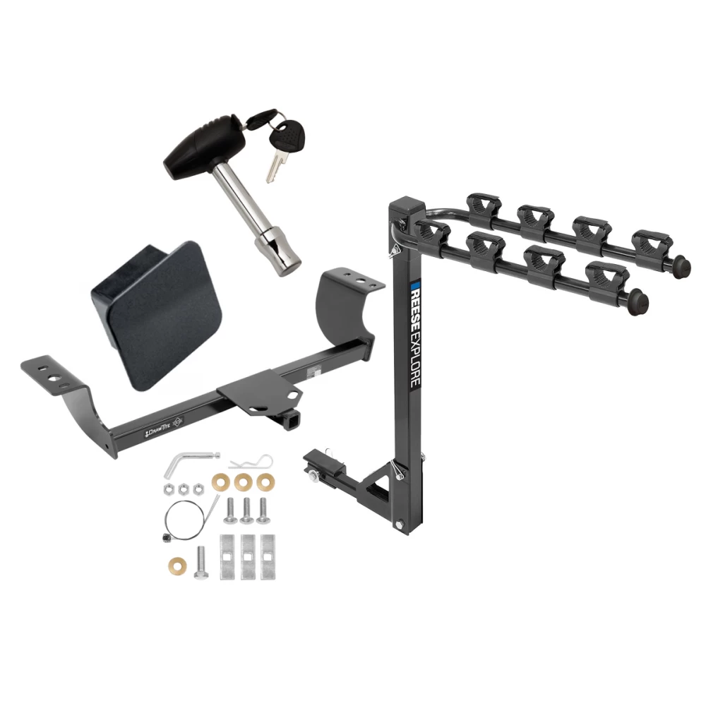 Trailer Tow Hitch w/ 4 Bike Rack For 05-23 Chrysler 300 08-23 Dodge Challenger 06-23 Charger 05-08 Magnum Class 2 tilt away adult or child arms fold down carrier w/ Lock and Cover