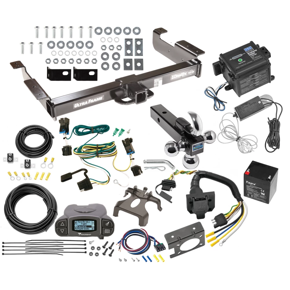 Class 5 2" Receiver Hitch For 03-27 Chevy Express GMC Savana 1500 2500 3500 w/ Tekonsha Prodigy P3 Trailer Brake Control 7-Way RV Wiring Breakaway Battery Charger Complete System Tri-Tow-Ball 1-7/8" 2" 2-5/16"