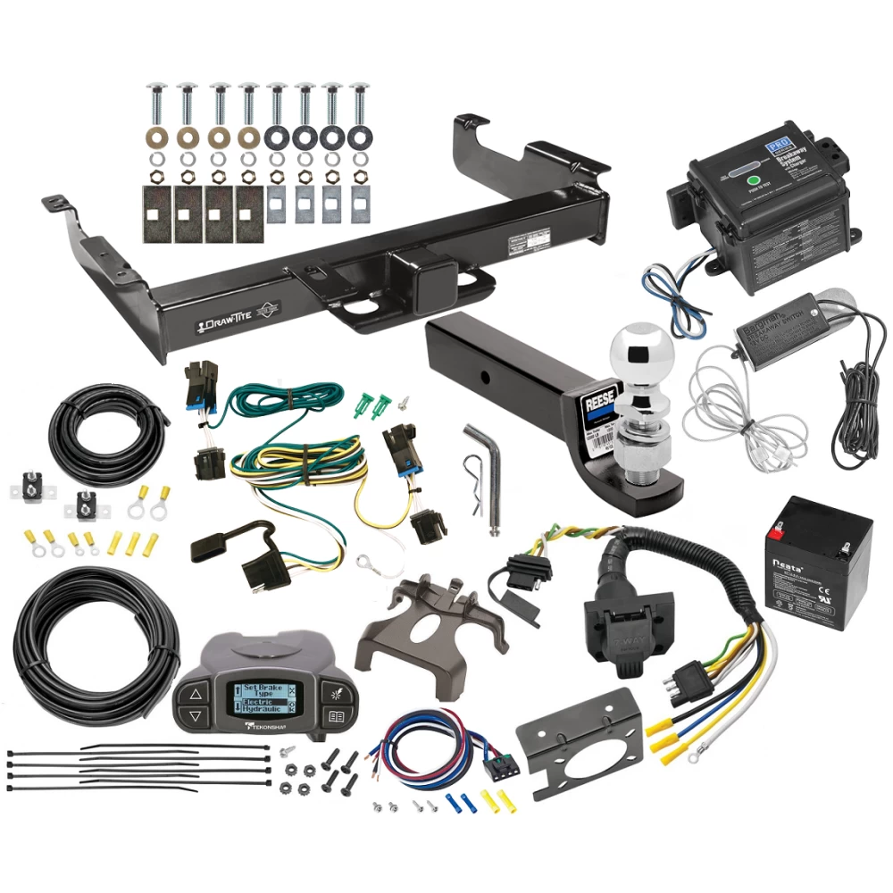 Class 5 2-1/2" Receiver Hitch For 03-14 Chevy Express GMC Savana 1500 03-25 2500 3500 w/ Tekonsha Prodigy P3 Trailer Brake Control 7-Way RV Wiring Breakaway Battery Charger Complete System Receiver 2-5/16" Tow Ball